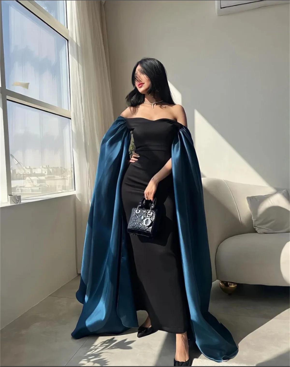 

2024 New Fashion Evening Dress Blue and Black Contrasting Elegant A-Line One-Shoulder Cloak Chiffon Wedding Banquet فساتين سهرة