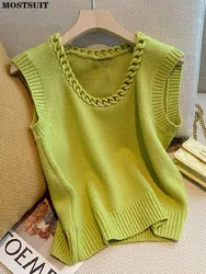 Korean Chic Knitted Sweater Vest Women Sleeveless Round Neck Ladies Fashion Pullover Top Elegant Vintage Ladies Women's Vests