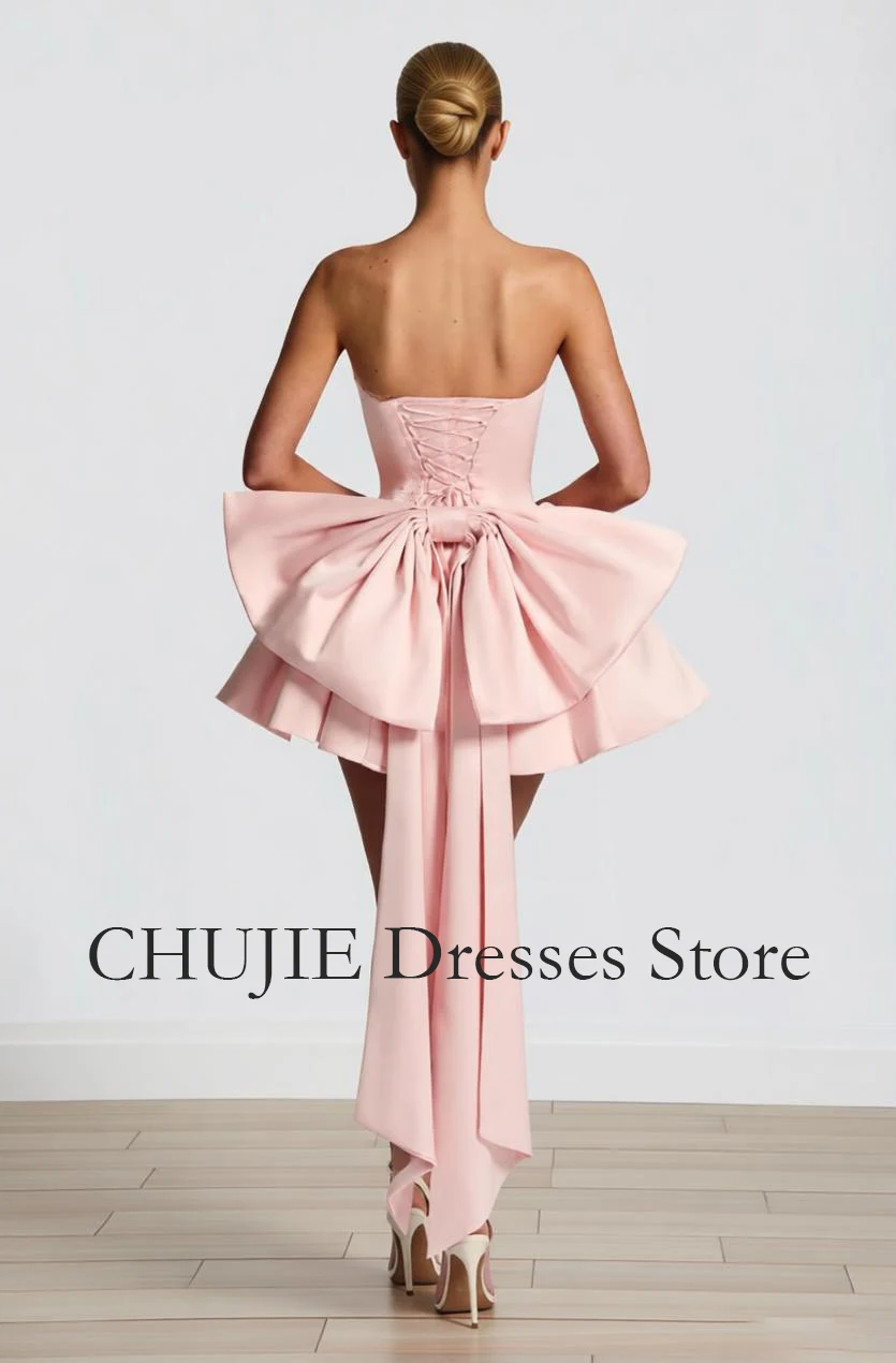 Strapless Homecoming Dresses Girl's Cocktail Dress With Bow Satin A Line Wedding Evening Gown Vestido De Graduación Customized image 2