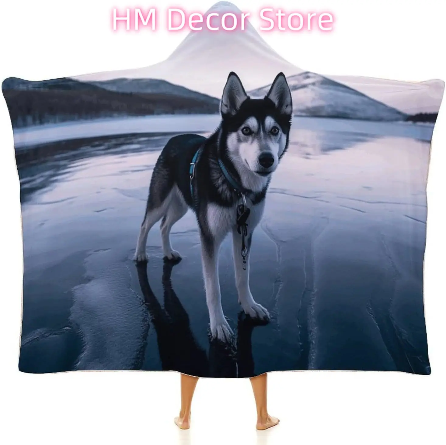 Husky Dog on A Frozen Lake Wearable Hooded Blanket, Ultra Soft Arctic Velvet Cape Cloak Unisex - Cozy Wearable Blanket