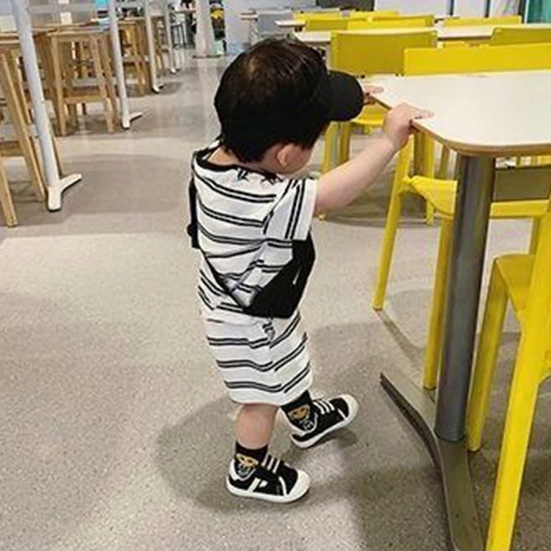 Boys Summer Pure Suit New Style Short Sleeve Shorts Cotton Two-Piece Children\'s Striped Handsome Summer Children\'s Suit