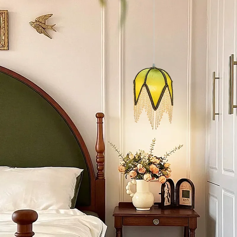 Modern Hexagonal Chandelier with Green Leaf Fabric and Pearl Accents Cream Style Pendant Light for Bedroom Dining Room Decor