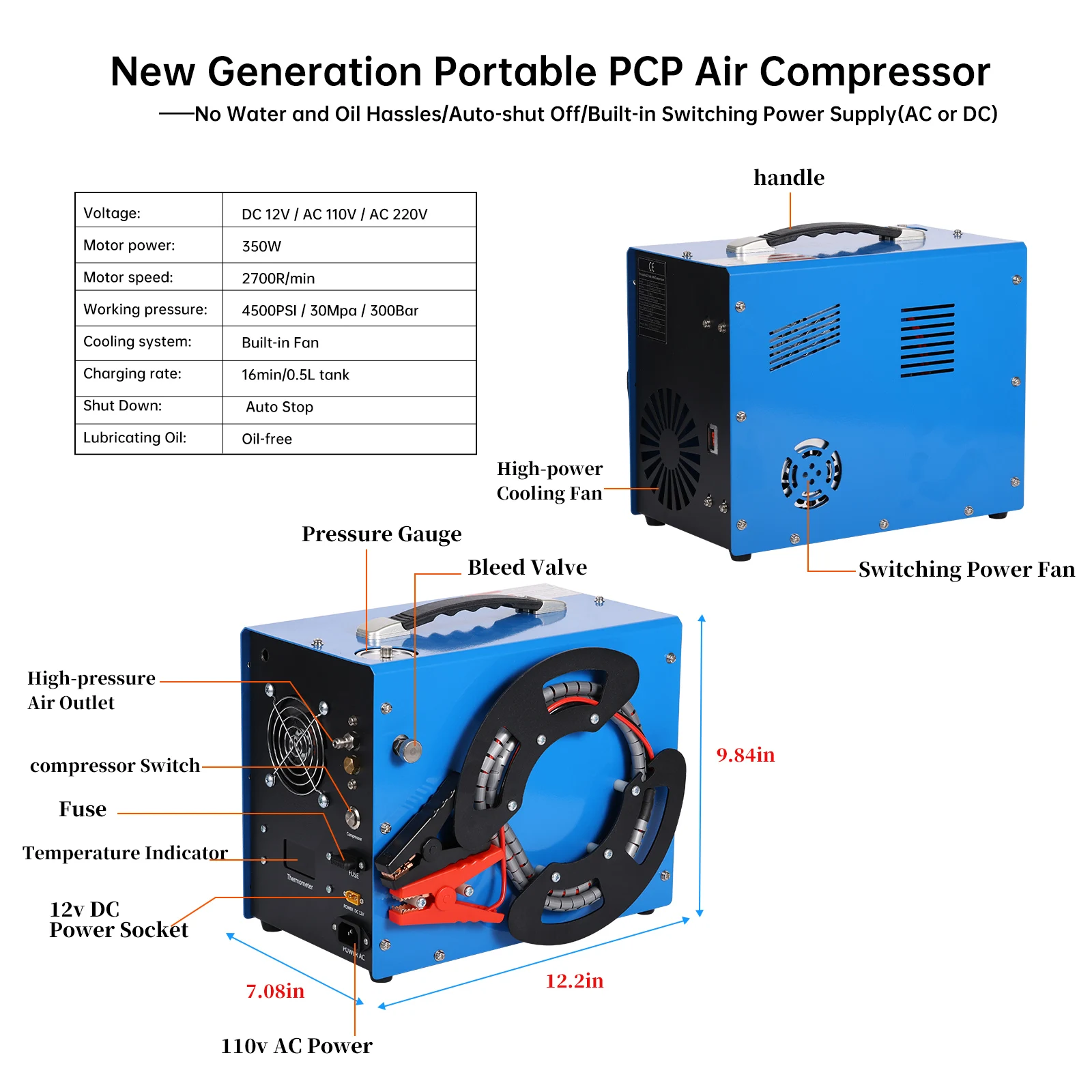 Imagem -06 - Compressor Pcp Adequado para Paintball Pcp Parada Automática sem Óleo ou Água 220v ac 12v 5.01 300bar 4500psi 30mpa Pcp 12v mm