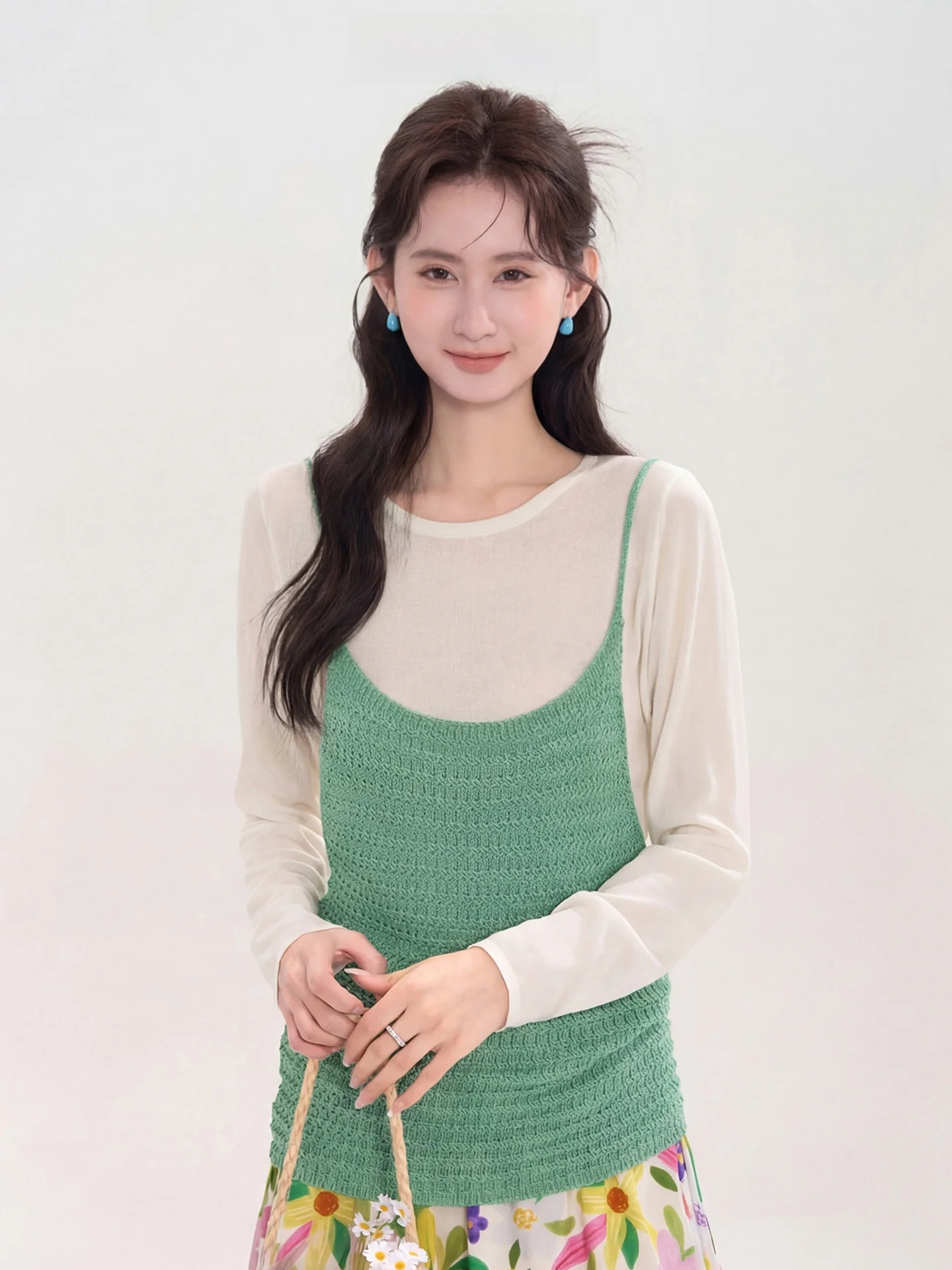 

Heme Matcha Layered Linen Knitted Tube Top Vest Base Shirt Two-Piece Set Spring Casual round Neck Soft Knitted Women's Wear