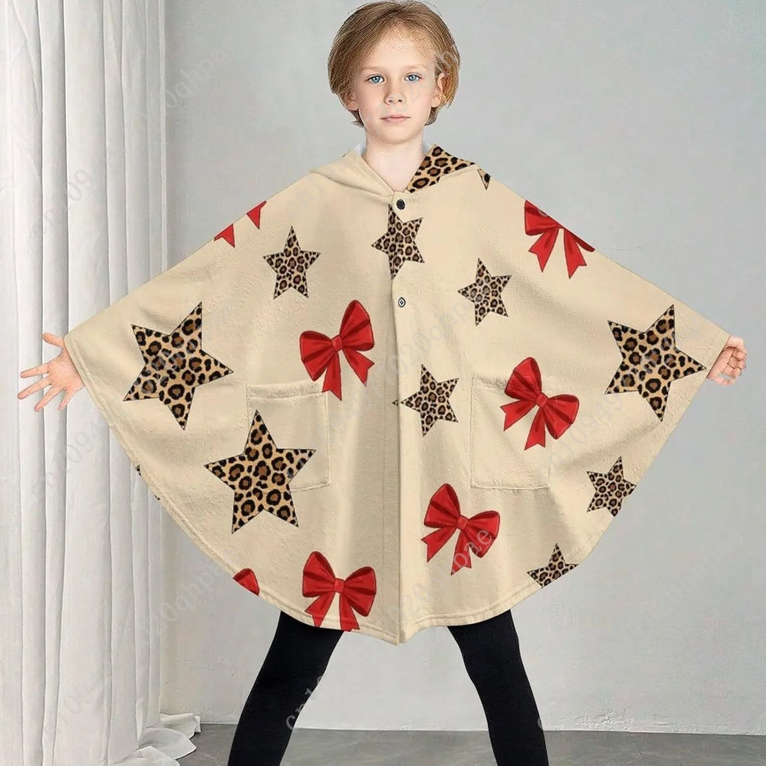 Suéter cobertor de flanela aconchegante, capuz grande com estrelas de leopardo e arcos vermelhos com bolsos para crianças e adolescentes