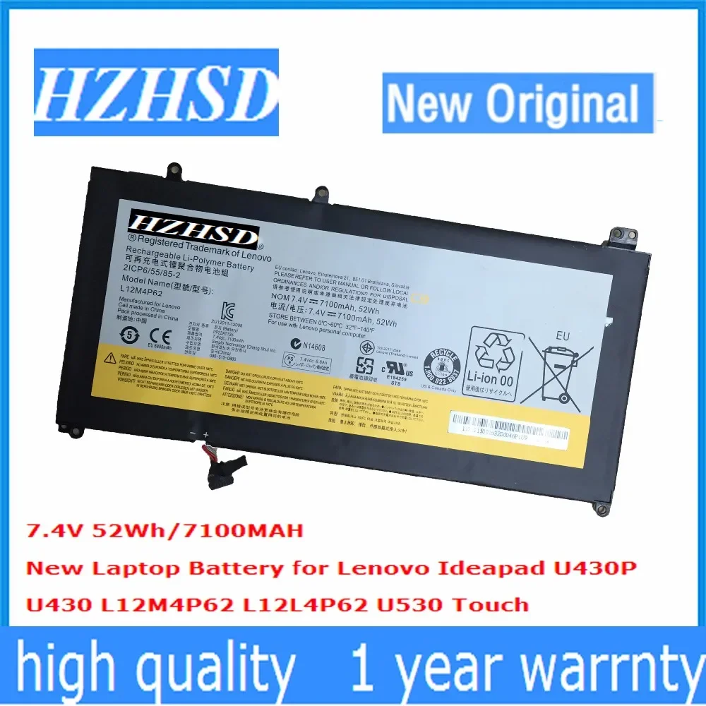 

7.4V 7100mAh 52wh New Origina U430 Laptop BatteryL12M4P62 For Lenovo Ideapad U430T U430P U530 U530-20289Touch L12L4P62 121500163