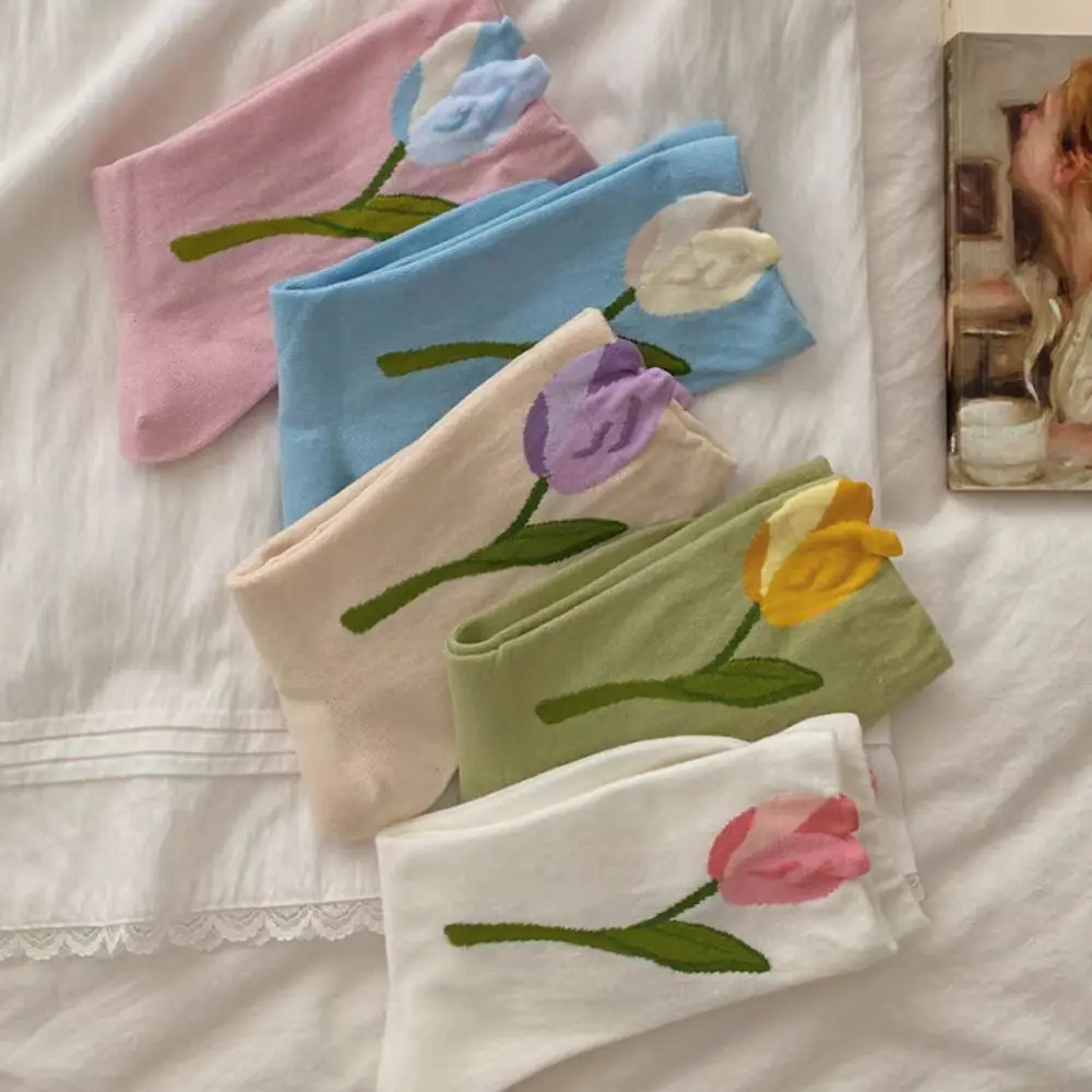 

5Pairs Fashion Thin Tulip Flower Socks Breathable Sweet Mid Tube Socks Female Hosiery Socks for Women Lady