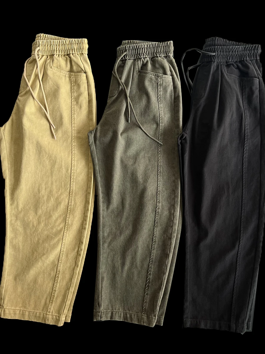 

Men's Straight Leg Cotton Pants Heavyweight Pure Cotton Elastic Waist Loose Fit Fall Winter Fashion Casual Trousers