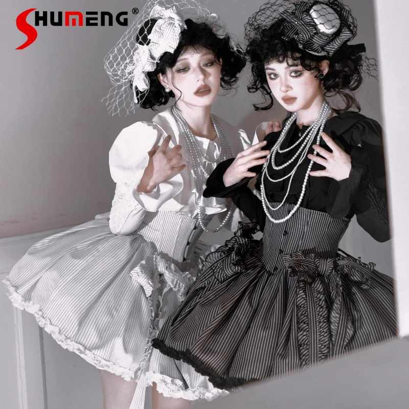 

Subculture Gothic Dark Skirt Set Autumn Women Slim Fit Elegant Sweet Cool Short Sleeve Shirt Cake Skirt Halloween Cos Outfits