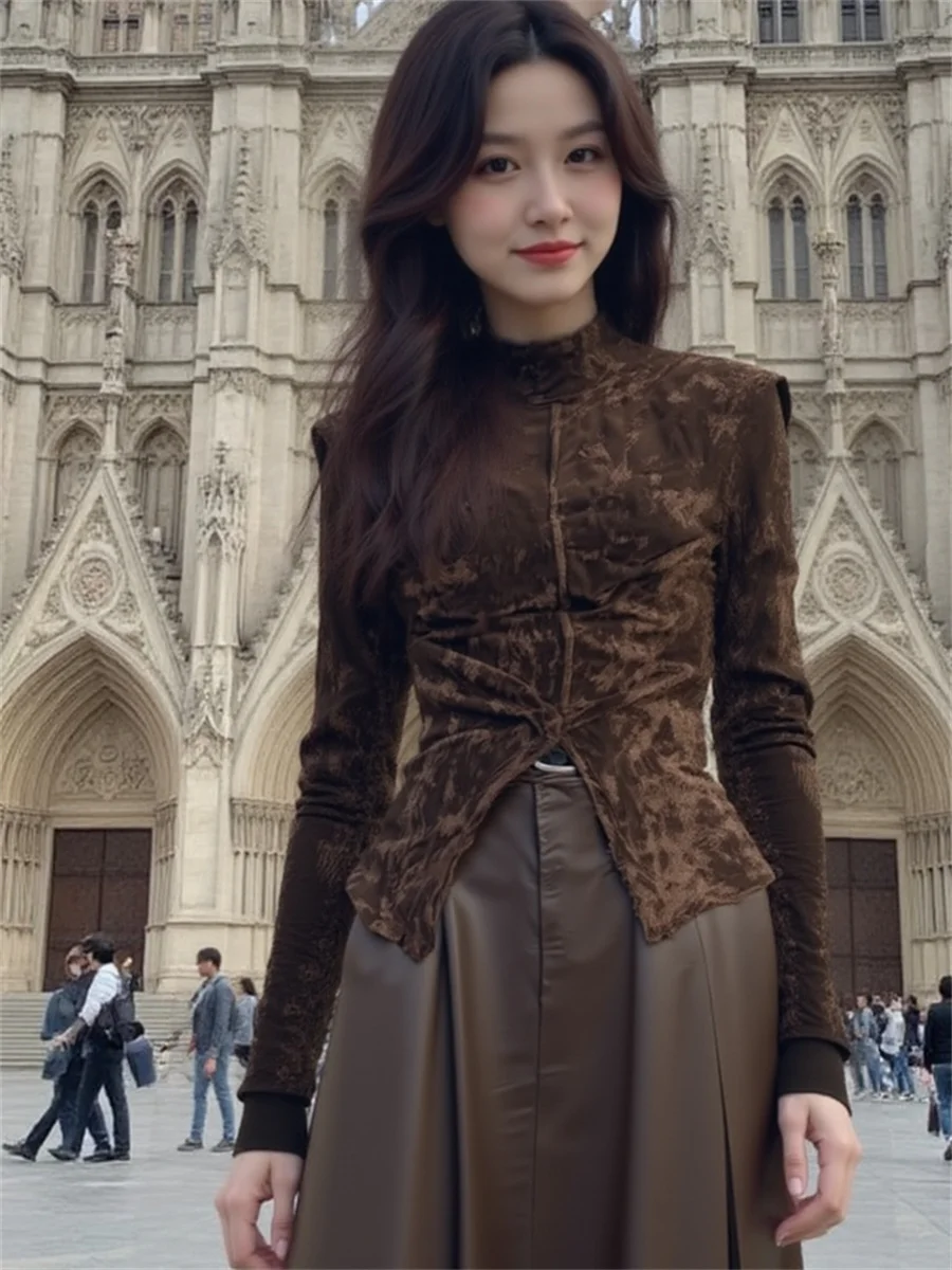 

Футболки с длинным рукавом, женские бархатные облегающие водолазки с флокированным разрезом, универсальные вневременные осенние полированные повседневные стильные шикарные топы