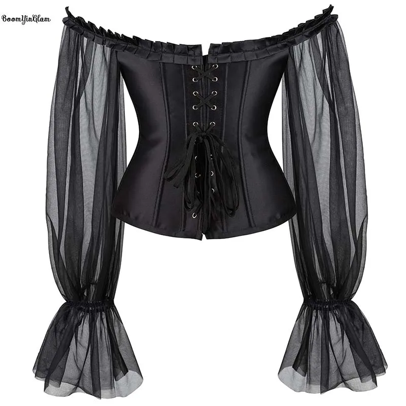 

Long Puff-Sleeve Women Ruffled Gothic Corselet Top Lace Up Boned Satin Overbust Corset With Trasparent Sleeves