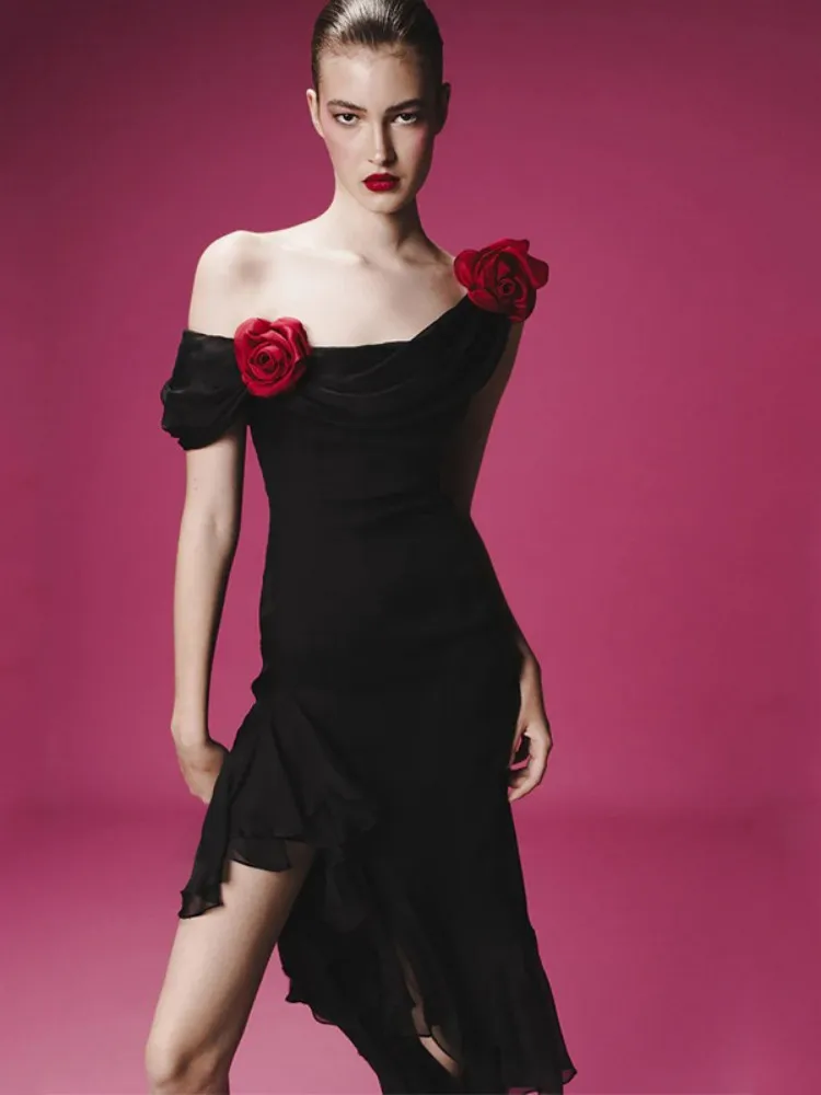 2025 Women Celebrity Sexy One Shoulder 3D Flowers Ruffles Black Dress Elegant Evening Party Club Vestido