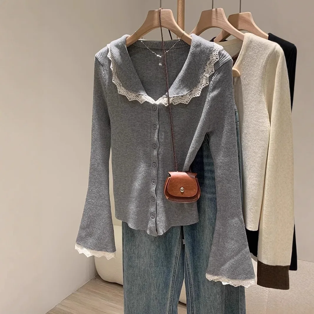 

Lace patchwork Sweater Sweet Doll Collar Long Sleeve Knitted Cardigan For Women's Autumn Winter Elegant Lapel Single Breasted To
