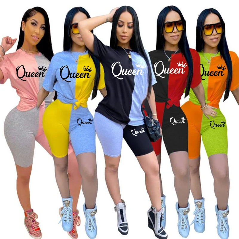 Women 2023 Spring Summer Clothing Fashion Sweatsuits QUEEN Shorts Two Piece Sets Outfits Splicing Short Sleeve Tracksuits