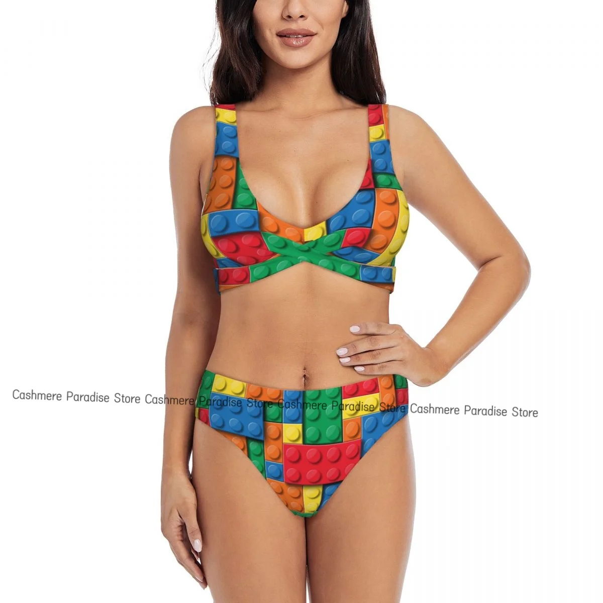 The Push-Up Bikini Women Sexy Separate Swimsuit Colorful Building Blocks Bricks Two-piece Beachwear