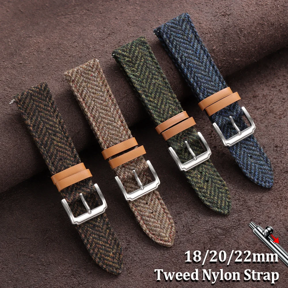 

18mm 20mm 22mm Tweed Nylon Cowhide Watch Straps Weave Canvas Bracelet Vintage Khaki Brown Men Women Wrist Band Universal Replace