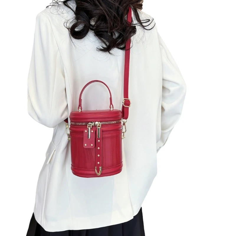 Women PU Leather Crossbody Round Bucket Bag with Double Metal Zipper Top Handle