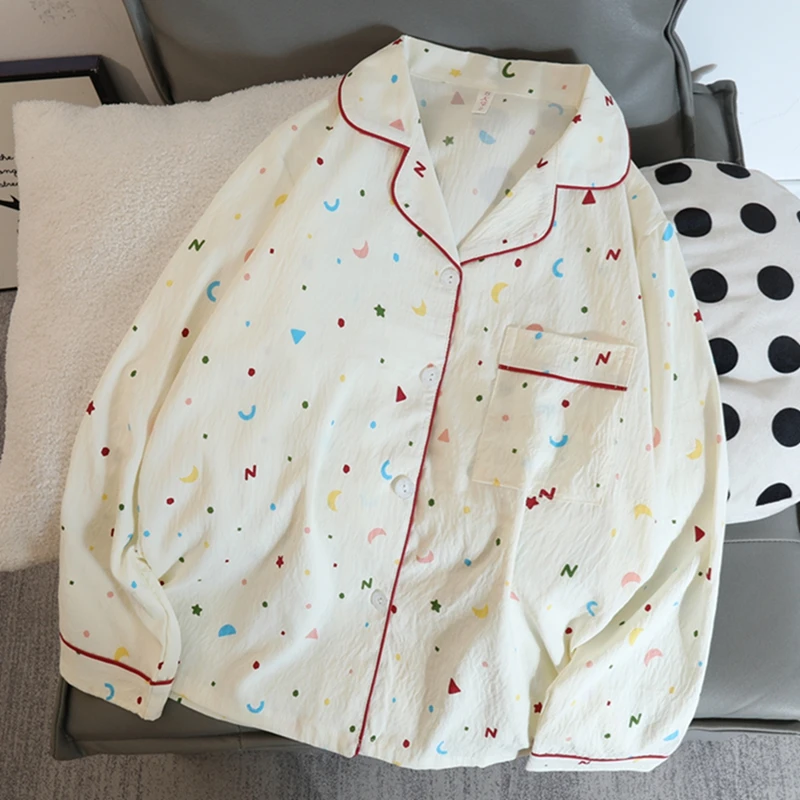 Stars Moon Dot Print Women Sleepwear Long Sleeve V Neck Top & Elastic Waist Pants Pajamas Set Autumn New Casual Y2K Pajamas