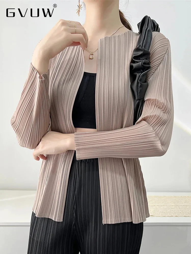 GVUW Pleated Women Jackets Fashion Round Collar Full Sleeve Solid Color Open Stitch New 2024 Casual Female Clothing 17G7745