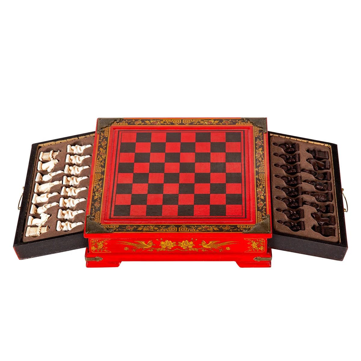 Retro Chess Set Board Games Resin Chess Terracotta Warriors Lifelike Pieces High-density Board Paste 26*26*6.5cm/10.24*2.56in