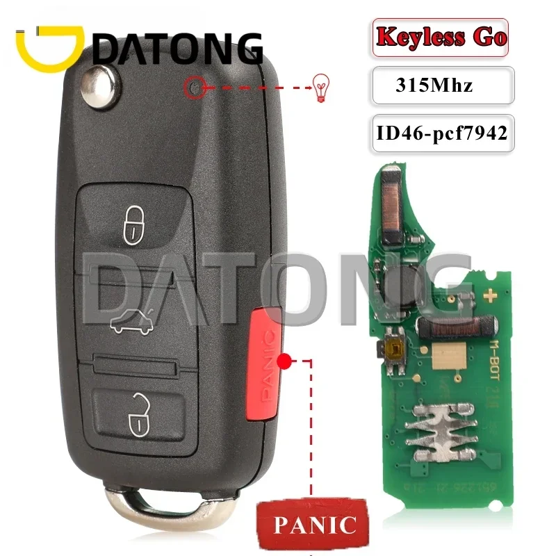 

CHANKey Keyless Go Fob 3+1Panic 4 Buttons 315MHz Flip Remote Key For VW Volkswagen Touareg Phaeton 3D0959753AK ID46 7942 Chip