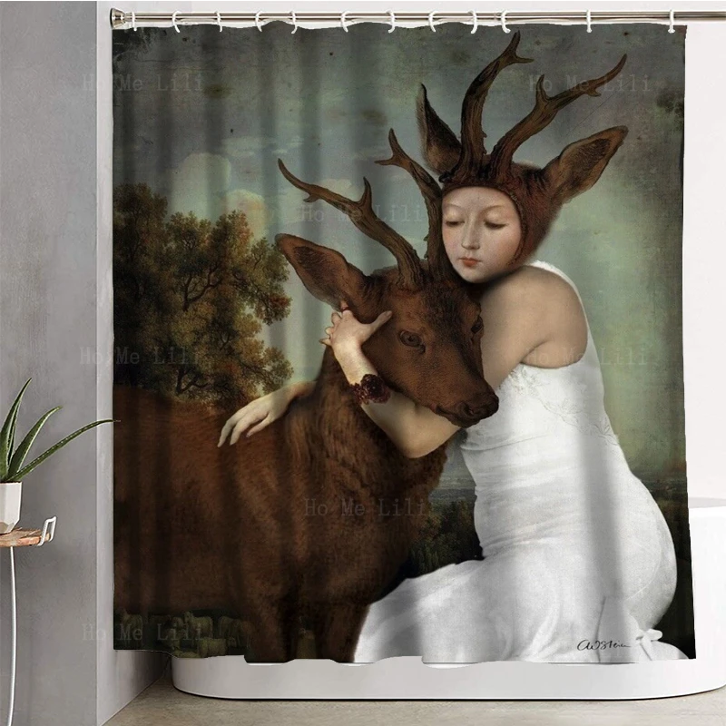 Holding An Elk And A Woman With Antlers And She's Wearing A White Dress Shower Curtain By Ho Me Lili For Bathroom Decor