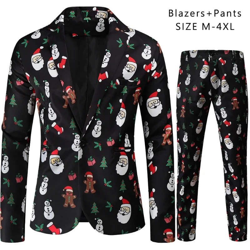 Christmas 2 Piece Set Funny Xmas Cartoon Print Men Suit Jacket and Trousers Fashion New Year Party Dress Up Wear Large Size 4XL