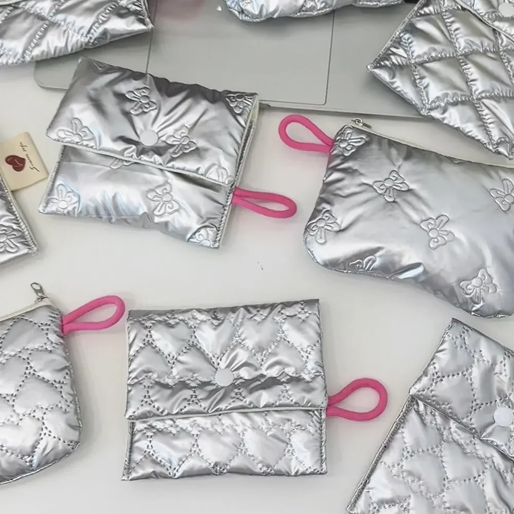 

INS Style Silver Sanitary Mat Bag Love Bow Change Purse Coins Keys Wallet Zipper Button Tissue Storage Cosmetics Napkin