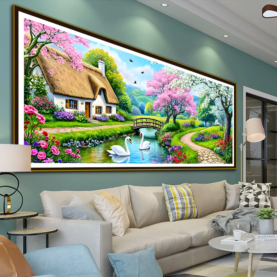 Springtime pastoral scenery cross-stitch kit, DIY printed embroidery material pack, large decorative painting of a beautiful home and rural cottage, with patterns of cherry blossom trees and swan streams, a warm home gift