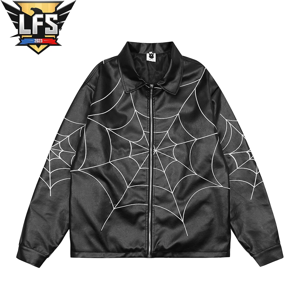 Harajuku Streetwear Coats Spider Web Print College Jacket Oversized Bomber Jacket Men Winter Fashion Loose Outwear Unisex