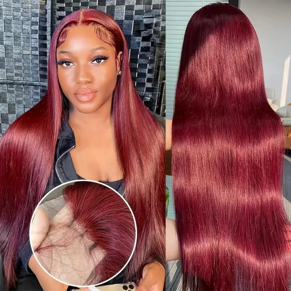 Straight 13×4 Lace Front Wigs Human Hair Burgundy Transparent Pre Plucked Red Color 220 Density Lace Frontal Wigs For Women 99J
