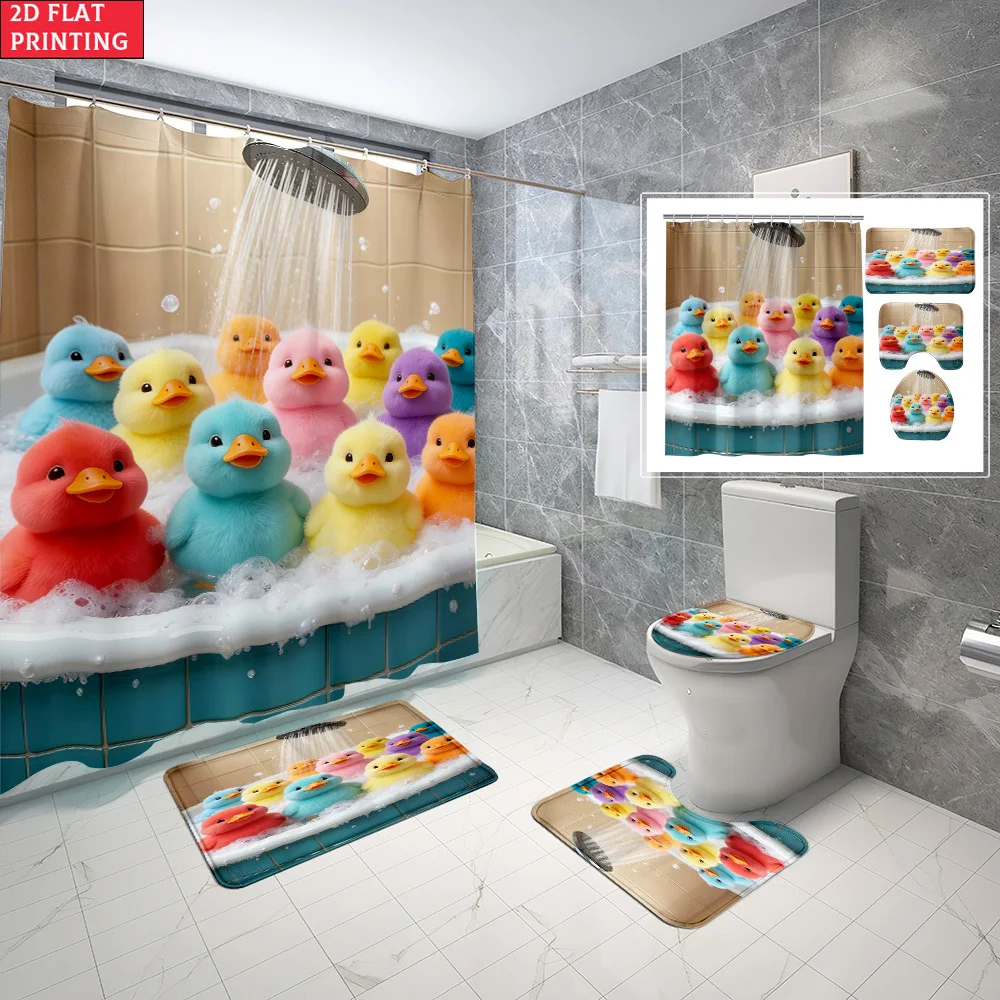 

1pc/4pcs Shower Curtain and Bath Mat Set with Colorful Rubber Ducks In Bathtub With Bubbles Non-Slip Bathroom Decor, 12 hooks