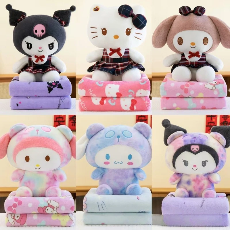 

Новое одеяло Sanrio Hellokitty, милое одеяло с рисунком Cinnamoroll Kuromi, мягкая плюшевая кукла, теплая подушка 2-в-1, одеяло для сна, подарок