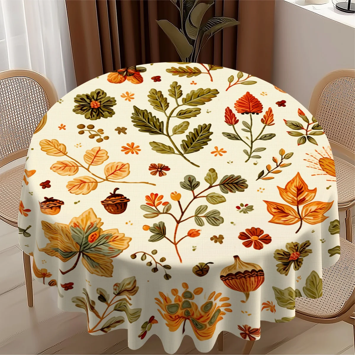 1pc Round Tablecloth with a 2D Printed Natural Pattern Featuring Autumn Leaves, Flowers, and Acorns. Diameter: 60 Inch