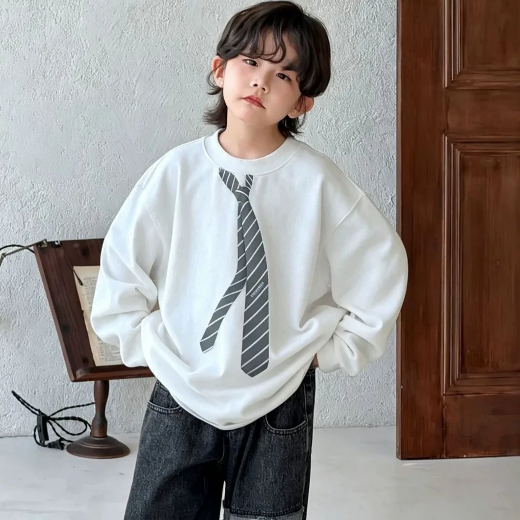 Autumn New Boys Korean Style Fashionable Printed Hoodie 2026 Children Clothing Kids Loose Versatile Top Round Neck Pullover