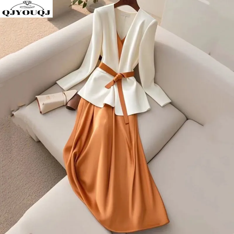 

Autumn women's clothing new high-end temperament white suit top+orange camisole skirt two-piece set