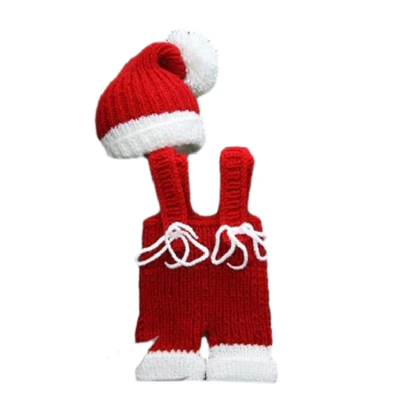 2Pcs/Set Christmas Party 0-3 Months Baby Red Knitted Overalls and Knotted Hat Kits Newborn Photography Outfit for Boys Girls