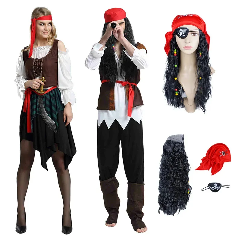 

Adult Pirate Costumes Captain Jack Sparrow Cosplay Full Set Outfits for Women Men Halloween Carnival Clothes Wig Set