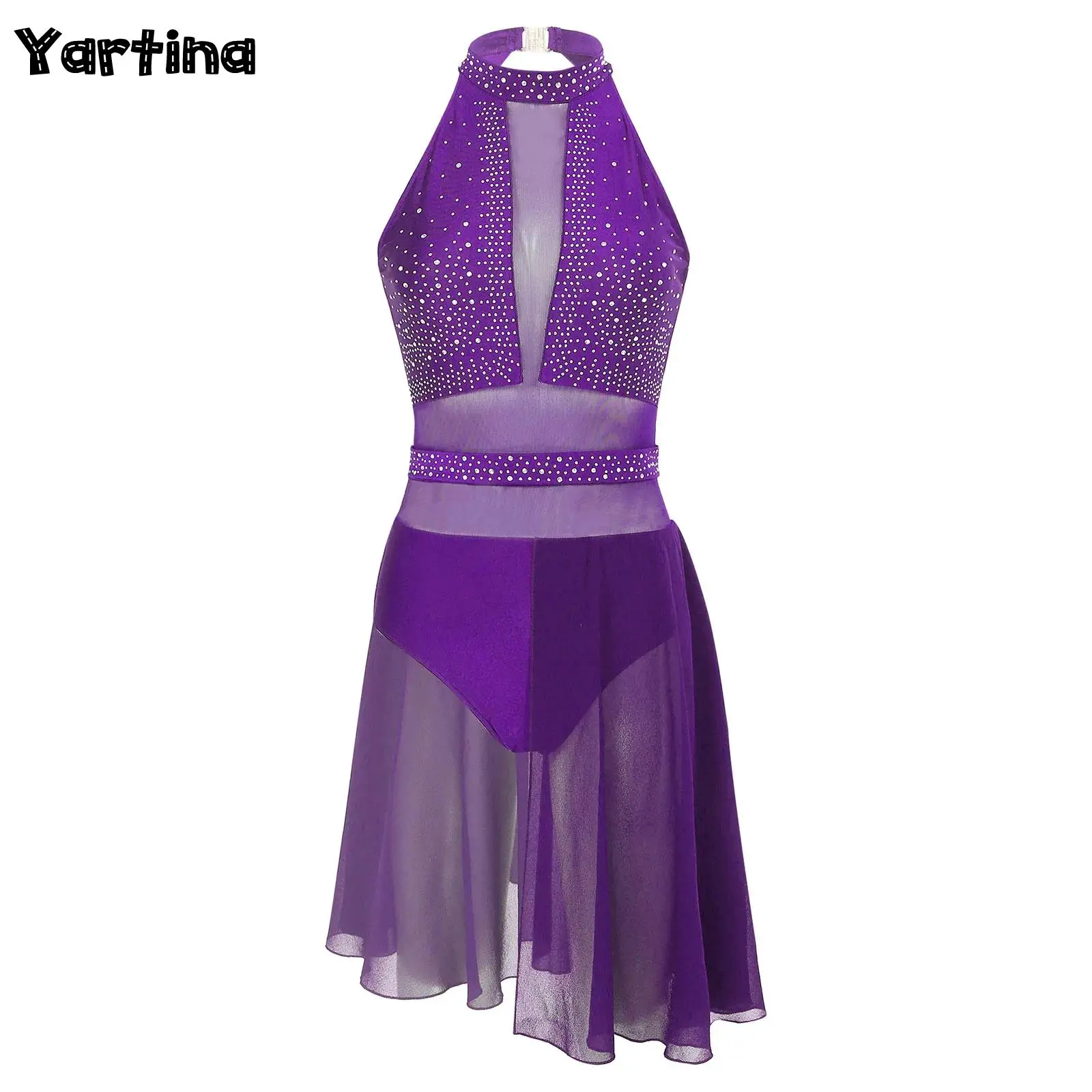 Womens Sparkly Rhinestone Ballet Lyrical Dance Dress Sheer Mesh Backless Leotard Dresses Gymnatics Figure Skating Dance Costume