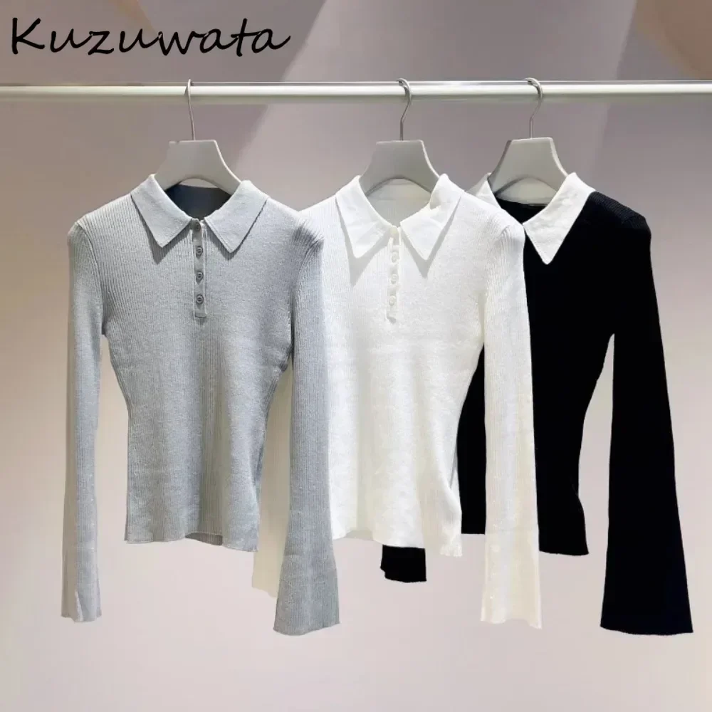 Kuzuwata Simple Slim Fit Turn-down Collar Flare Sleeve Sweaters Knit All-match Solid Pullover Japan New Fresh Fashion Pull Femme