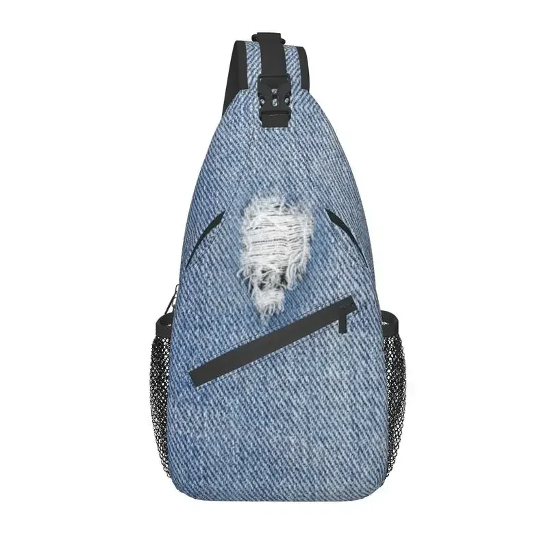 Custom Patched Denim Blue Jeans Texture Sling Bags Men Fashion Shoulder Crossbody Chest Backpack Traveling Daypack