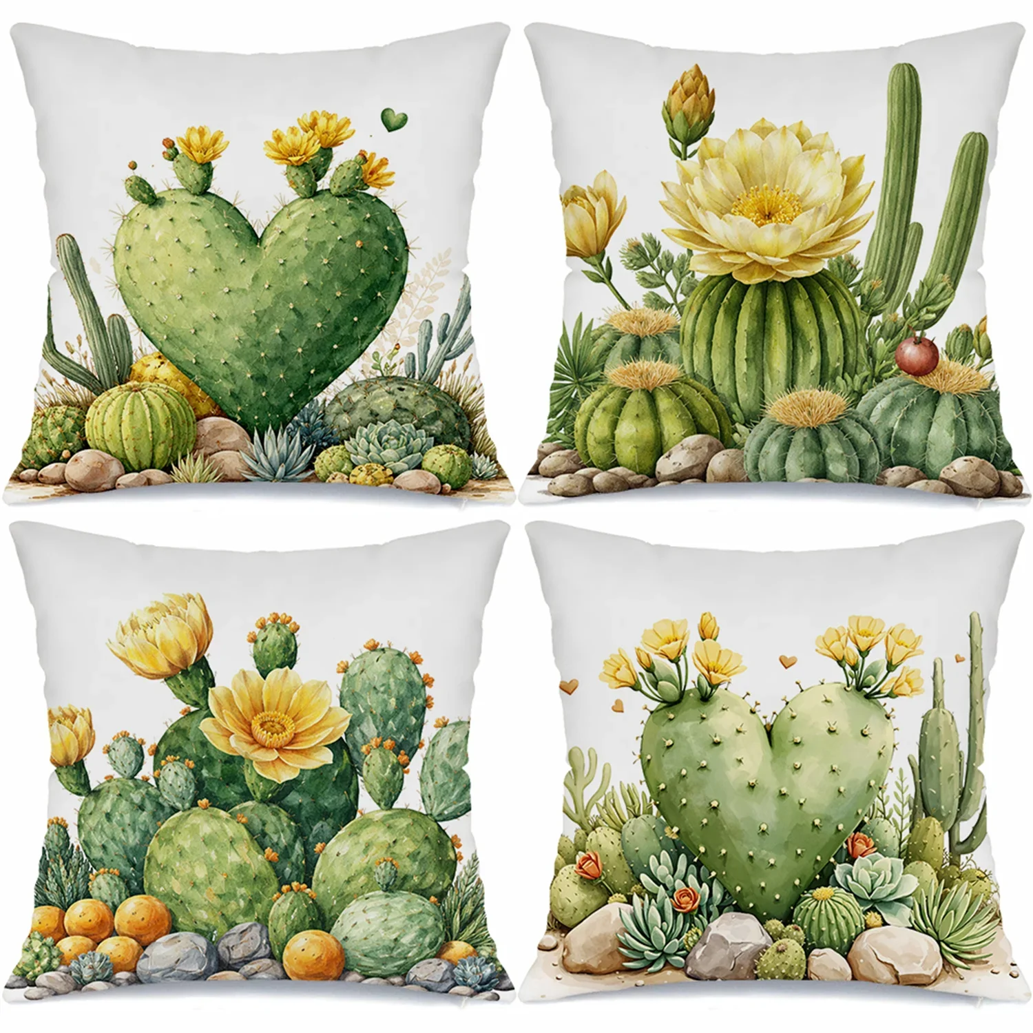 Set of 4 Decorative Throw Pillow Covers with Lush Succulent and Cactus Garden Botanical Print for Home Decor