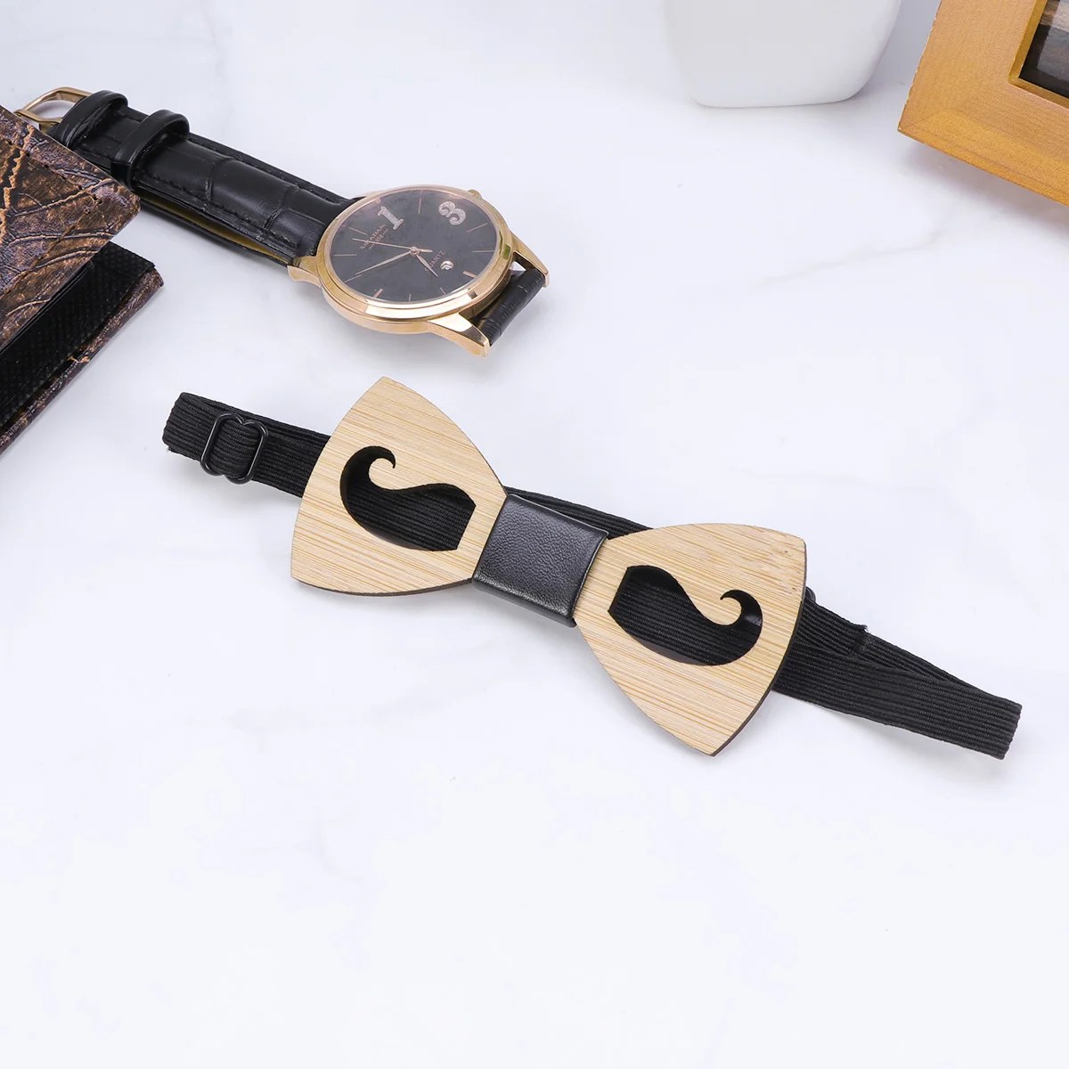 

Wooden Men Handmade Hollow Shape Pre Tied Adjustable Elastic Strap Wedding Party Event Gift Bowknot Cravat Collar
