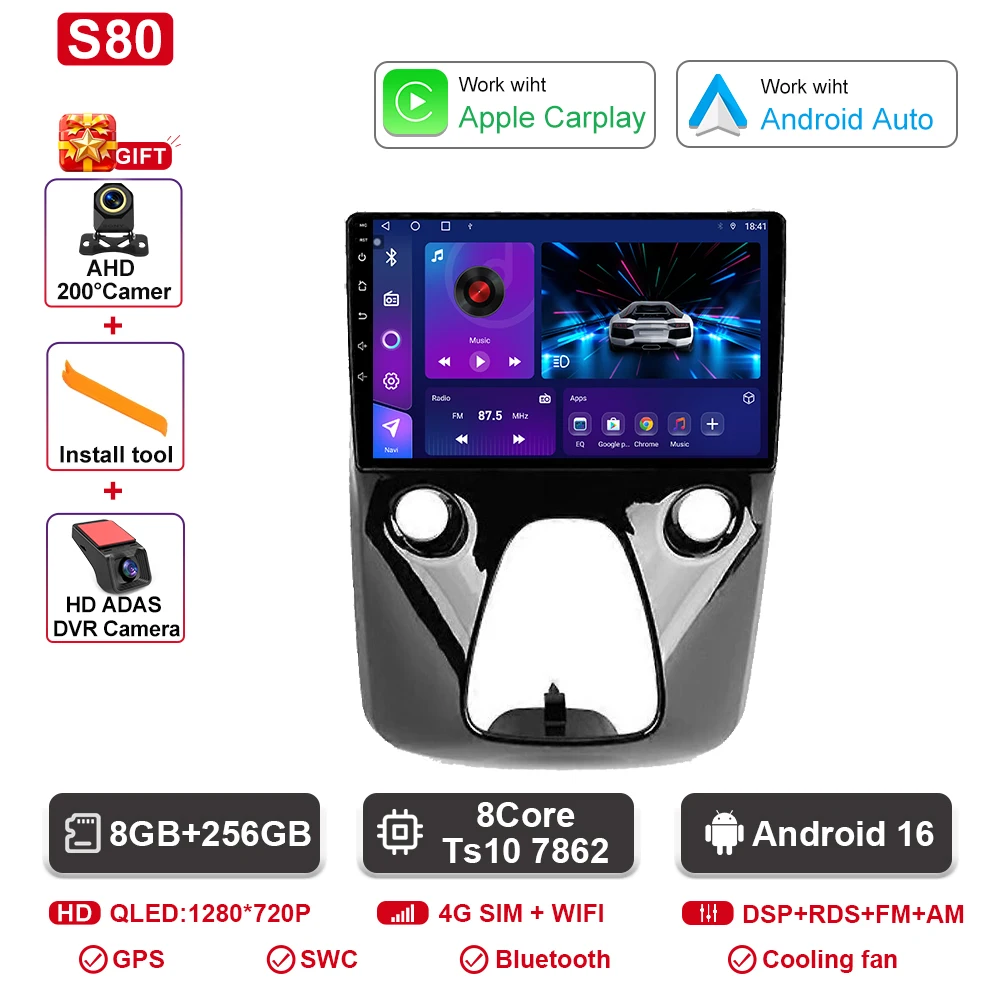 Autoradio Android navigatie GPS Android Auto stereo Carplay scherm No2 DIN DOM voor Toyota Aygo Peugeot 108 Citroen C1 2016-2020