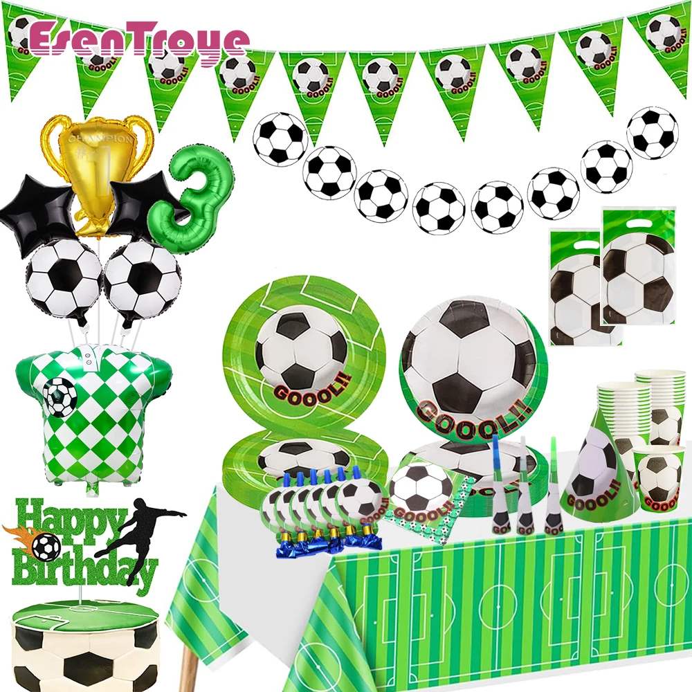 Soccer Birthday Party Tableware Cups Plates Pennant Banner Foil Number Balloons for Kids Boys Football Party Decoration Supplies