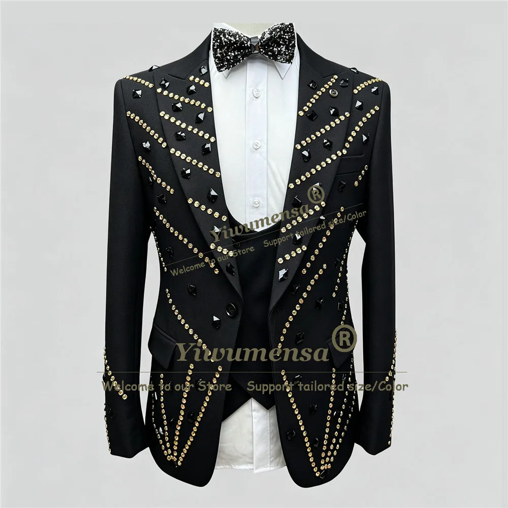 Man Luxury Colorful Beaded Strones Wedding Tuxedo Suit Sets Nothced Lapel Groom Prom Blazer Customized 3 Piece Sets Male Clothes