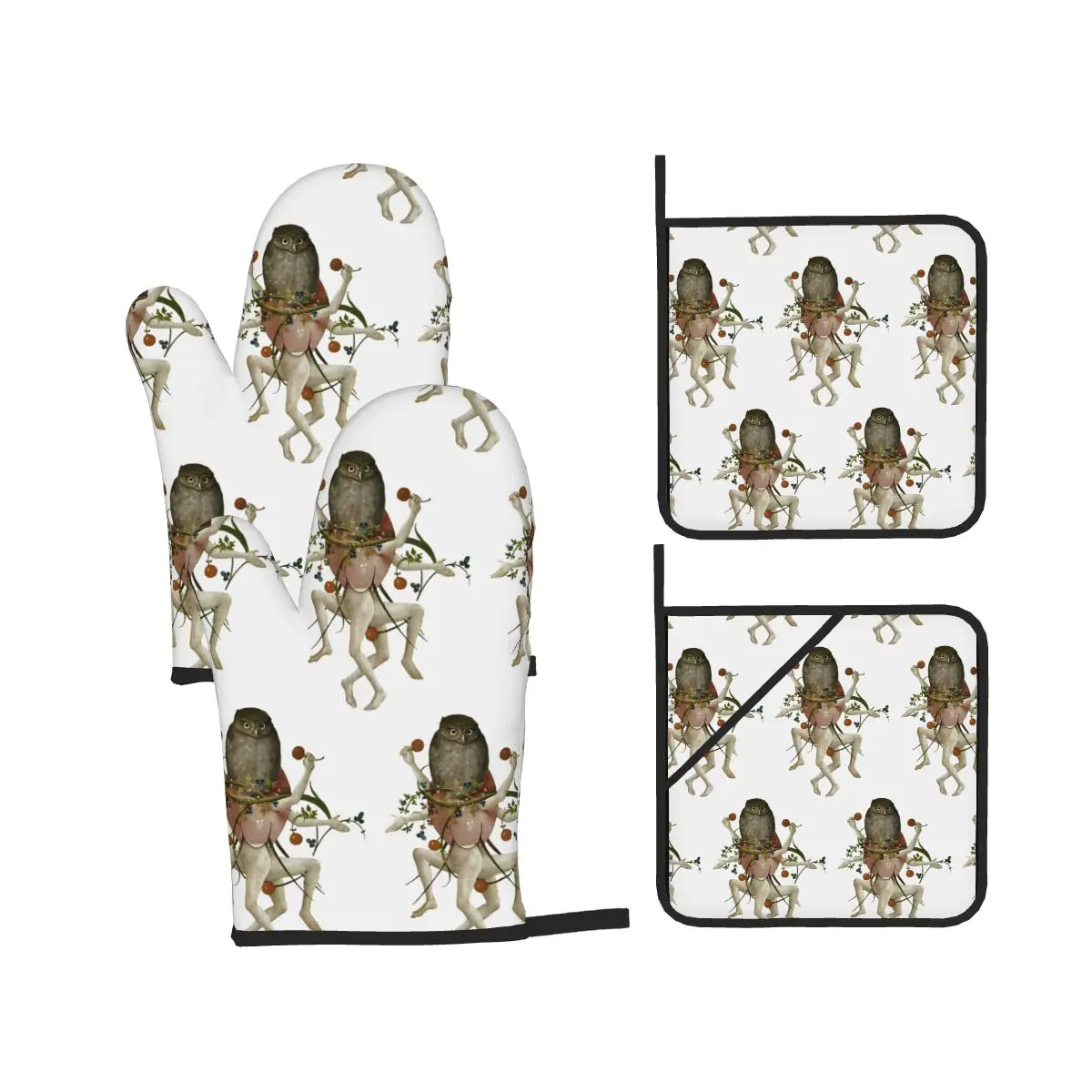 Hieronymus Bosch Dancing Owl Oven Mitts and Pot Holder Sets of 4 for Baking Kitchen Cooking Grilling Resistant Non-Slip Gloves