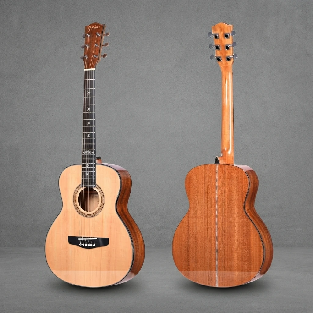 6 String Non Cutaway Guitar, Acoustic Folk Style, Natural Top Brown Back, Cross Inlay, Chrome Tuners, Glossy Body for Beginners