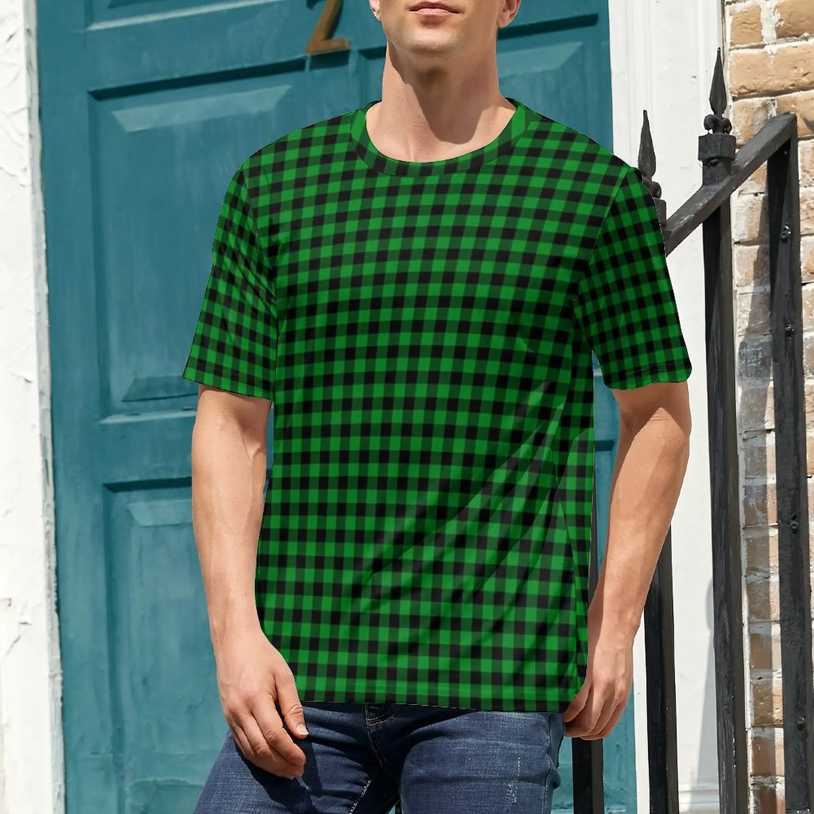 Big Size T-Shirt Summer Gingham Check T Shirts Black And Green Y2K Fun O-Neck Tee Shirt Man Novelty Pattern Clothing