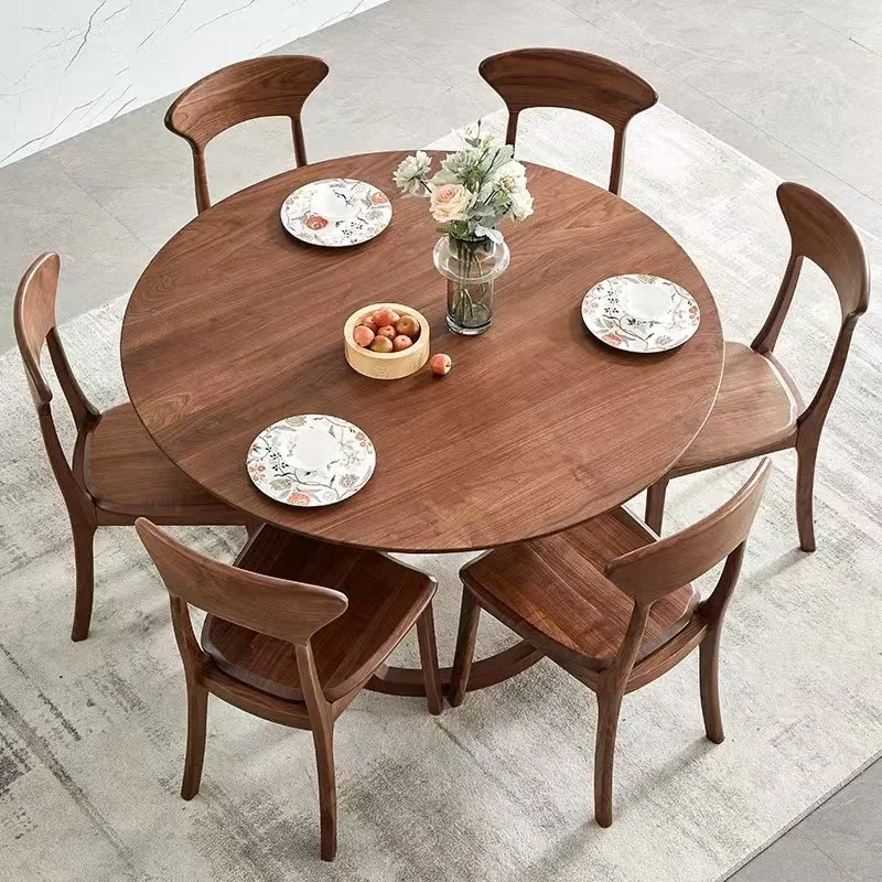 North American black walnut round dining table tenon and mortise combination with turntable dining table